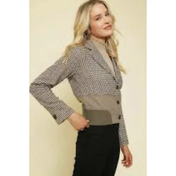 Mystree Wool Blend Houndstooth Shimmer Brown Cropped Boxy Jacket Sz L NWOT - Picture 2 of 8